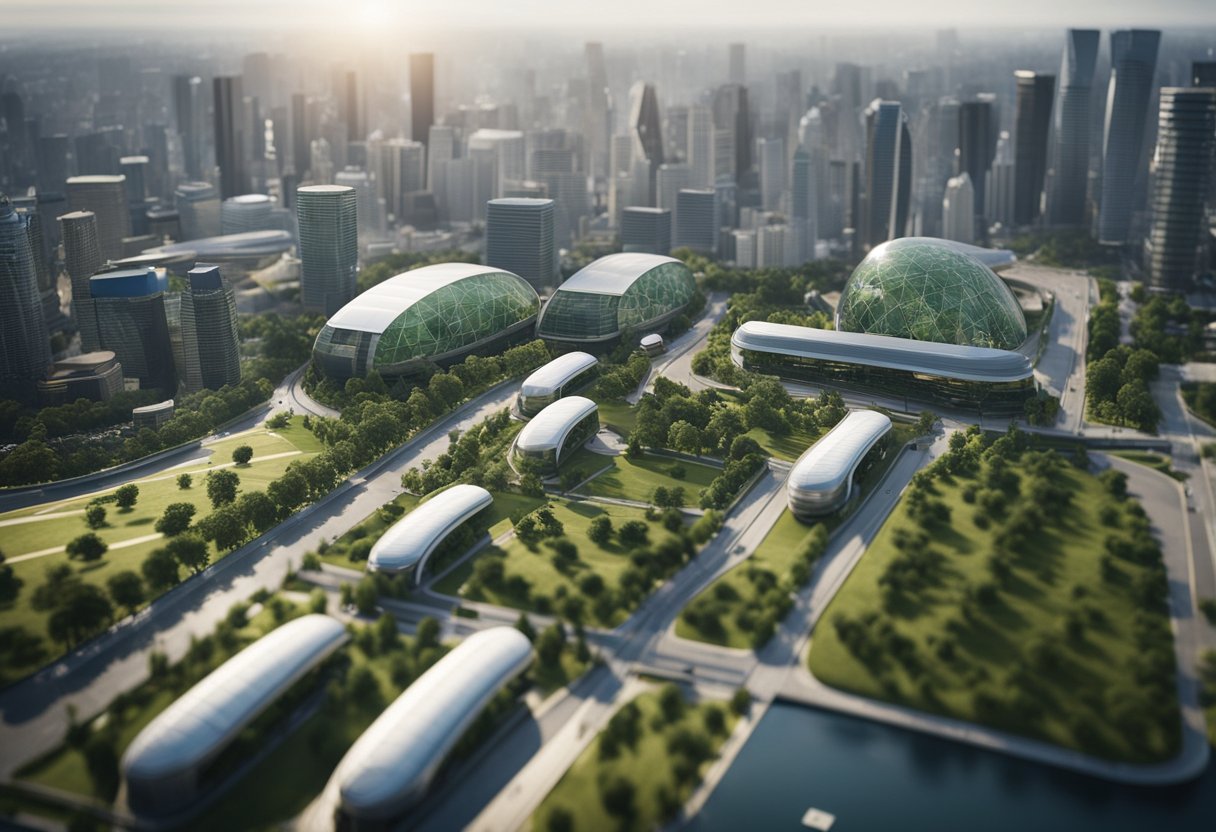 A modern city with green spaces, efficient public transportation, and renewable energy sources integrated into the infrastructure