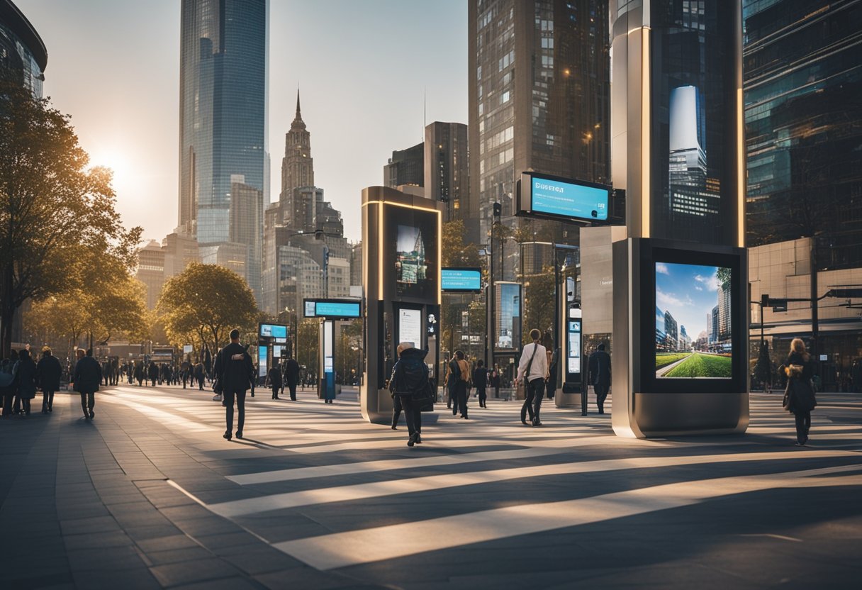 A bustling city square with interactive kiosks, smart streetlights, and efficient public transportation. Pedestrians engage with digital displays and use mobile apps for city services