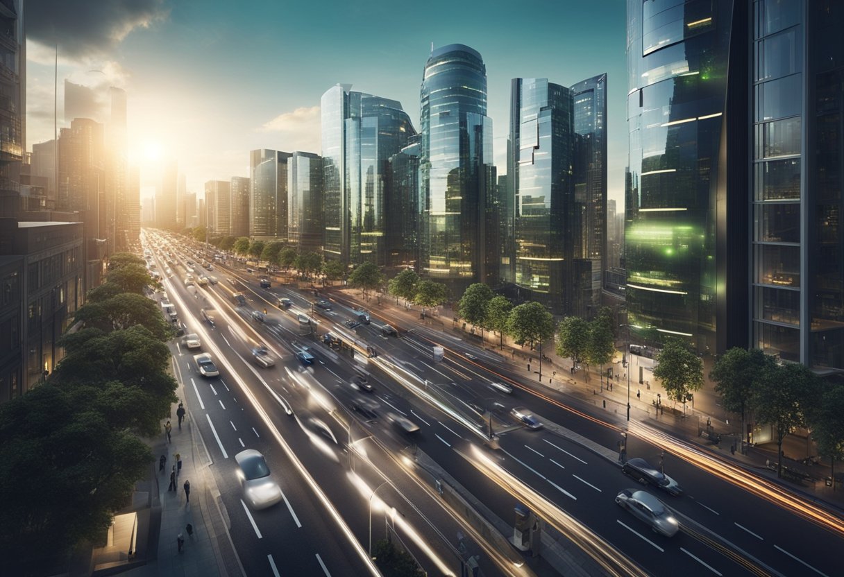 Busy city streets with futuristic buildings and green spaces. Smart technology integrated into infrastructure, like traffic lights and energy-efficient systems