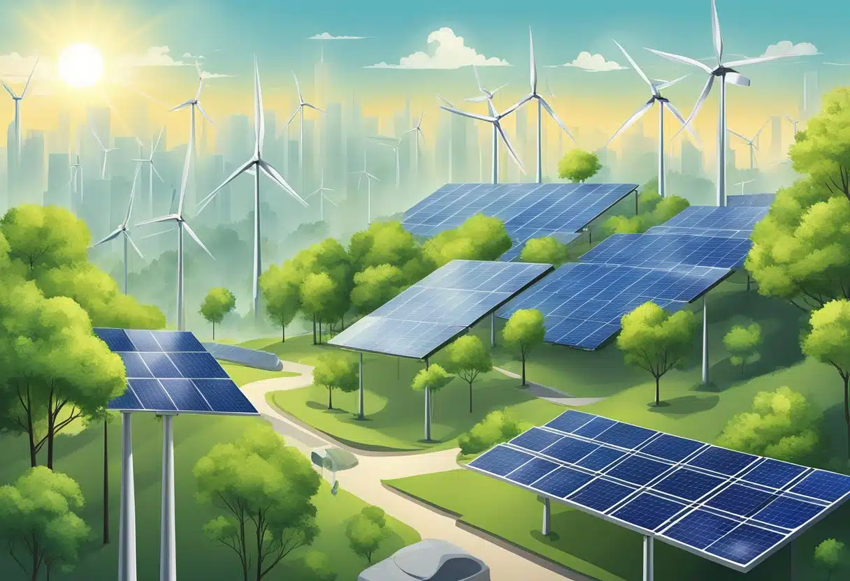 Solar panels and wind turbines powering a city, while trees absorb carbon dioxide