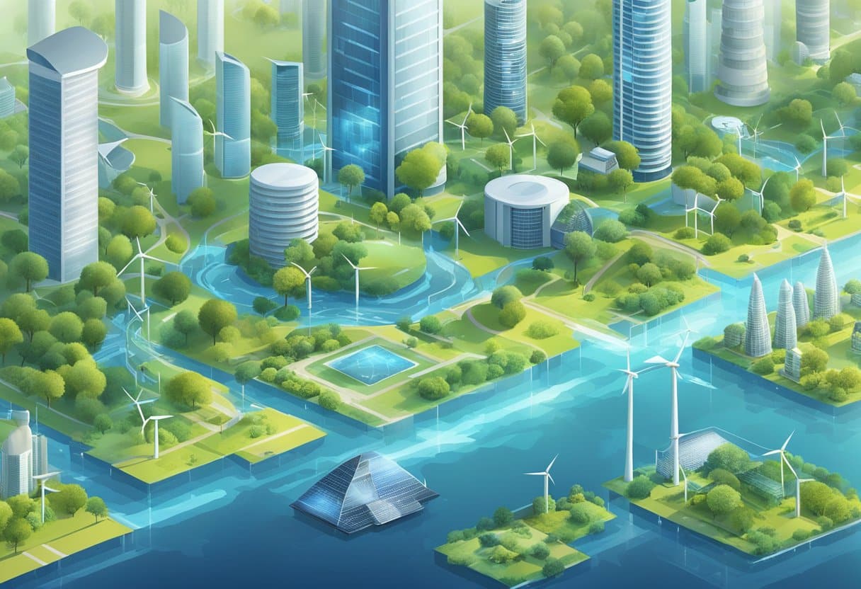 AI algorithms analyze climate data, while renewable energy sources power futuristic cities. Challenges include adapting to changing weather patterns and mitigating environmental damage