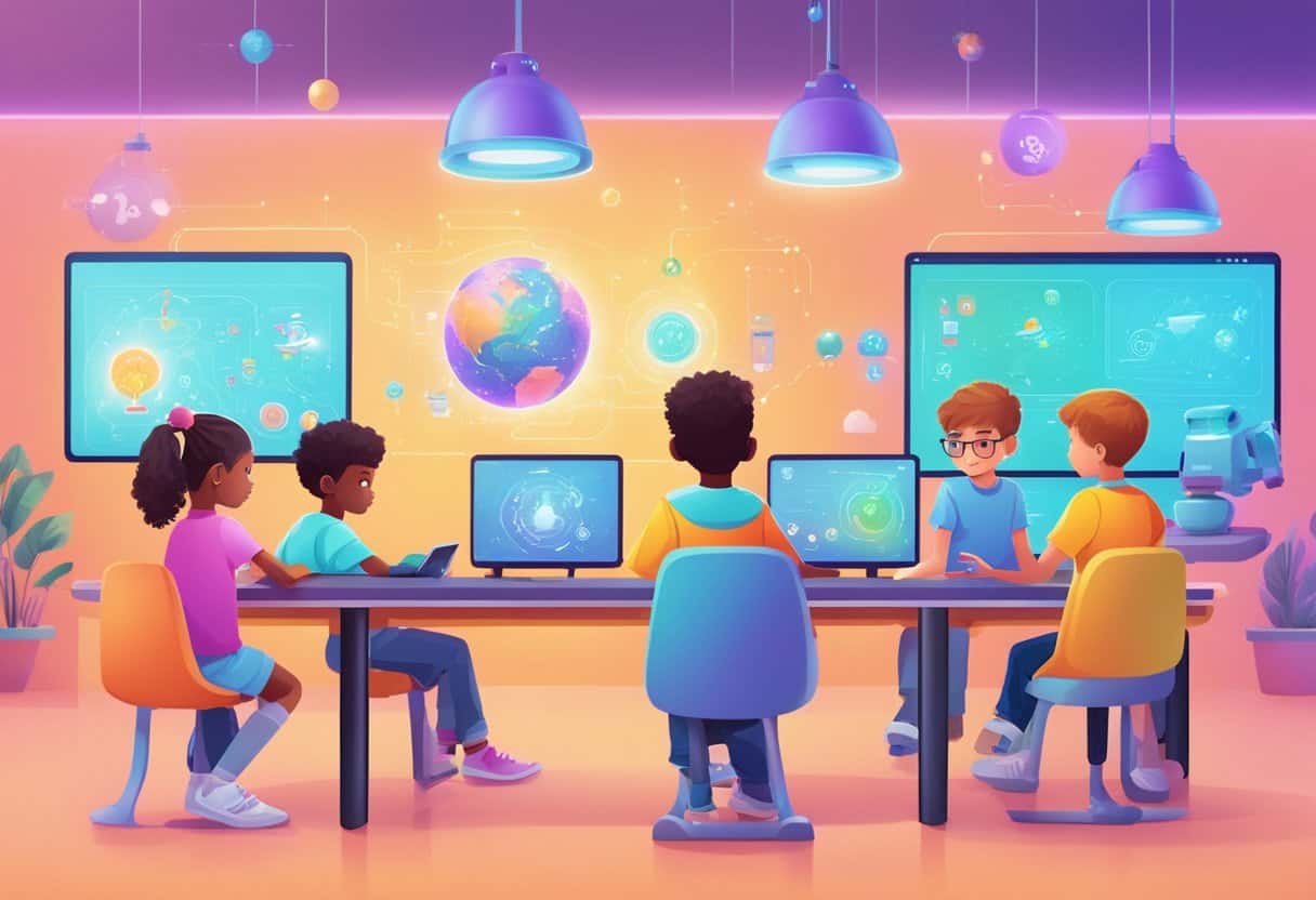 Children engage with AI robots, learning coding and problem-solving. Bright, colorful classroom with interactive screens and playful tech tools