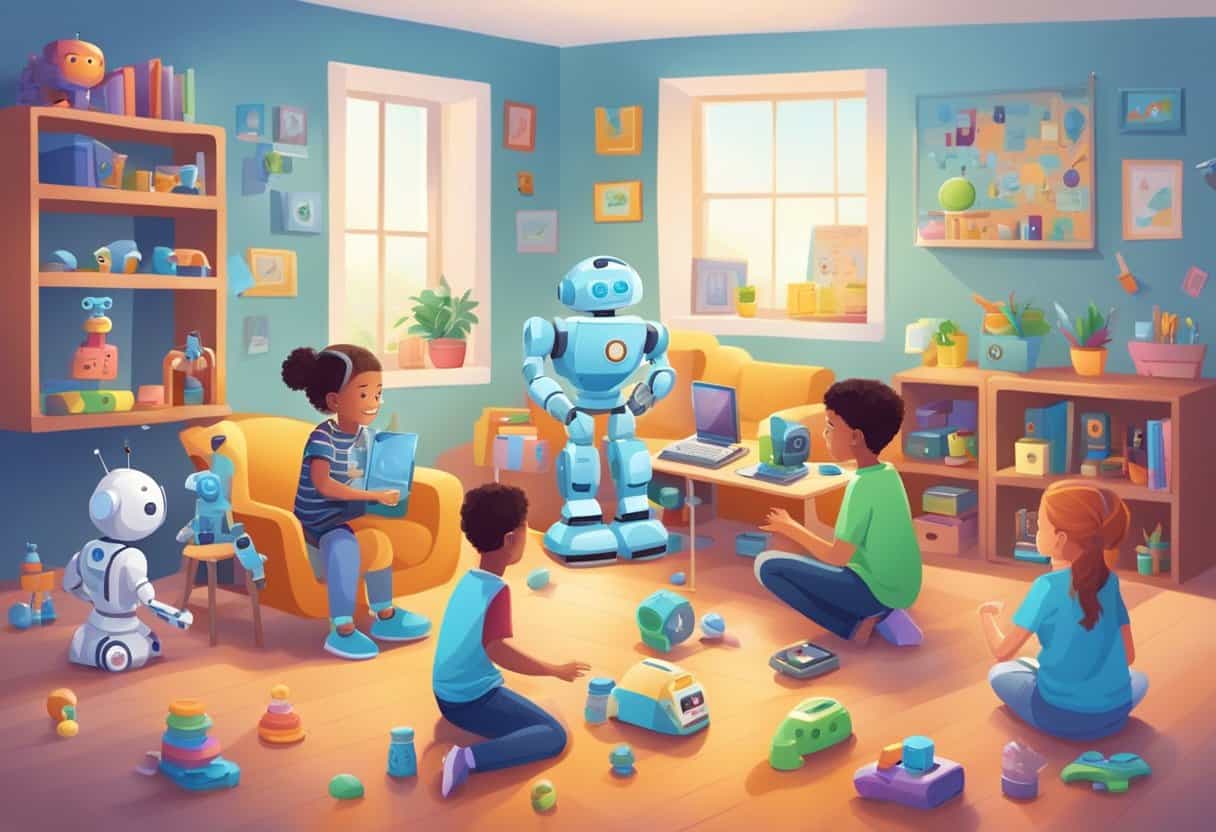 Children interact with AI toys, learning through play. Robots, smart devices, and colorful gadgets fill the room. Laughter and curiosity fill the air