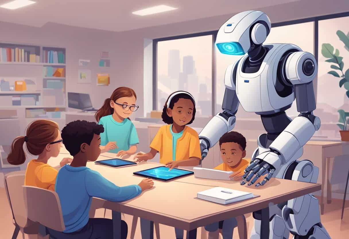 A group of children engage with AI technology, guided by an adult. They interact with robots and learn about AI ethics and social impact