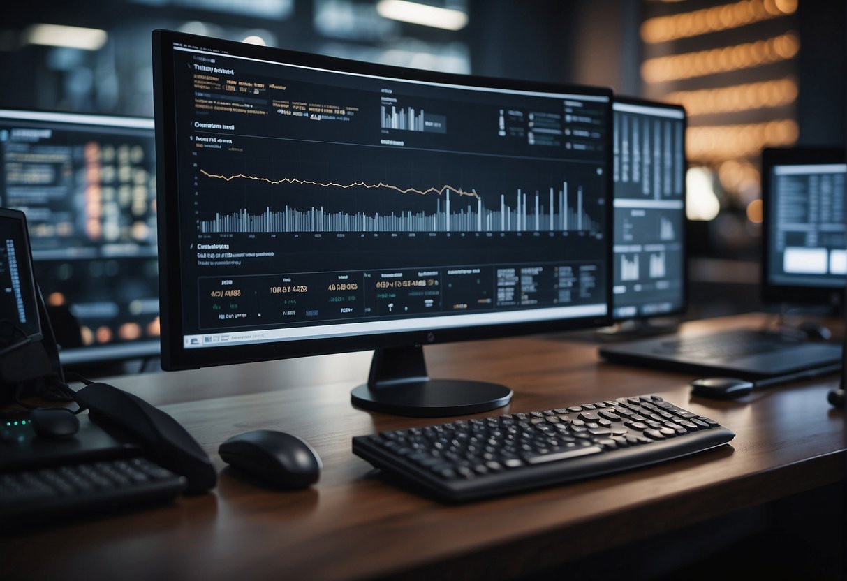 A computer analyzing data, surrounded by graphs and charts, while AI algorithms work to enhance training and strategy development