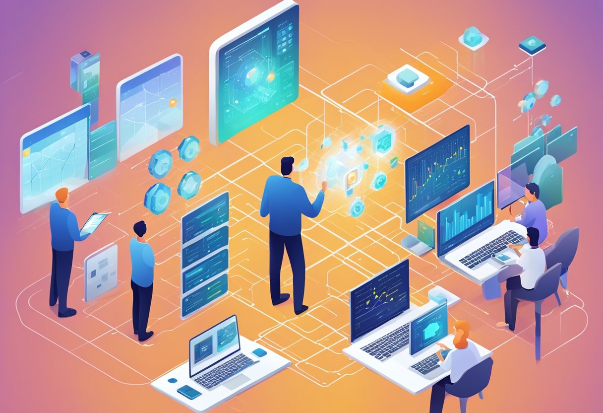 Key AI Technologies models in action, processing data and making decisions. Multiple algorithms at work, analyzing and predicting outcomes