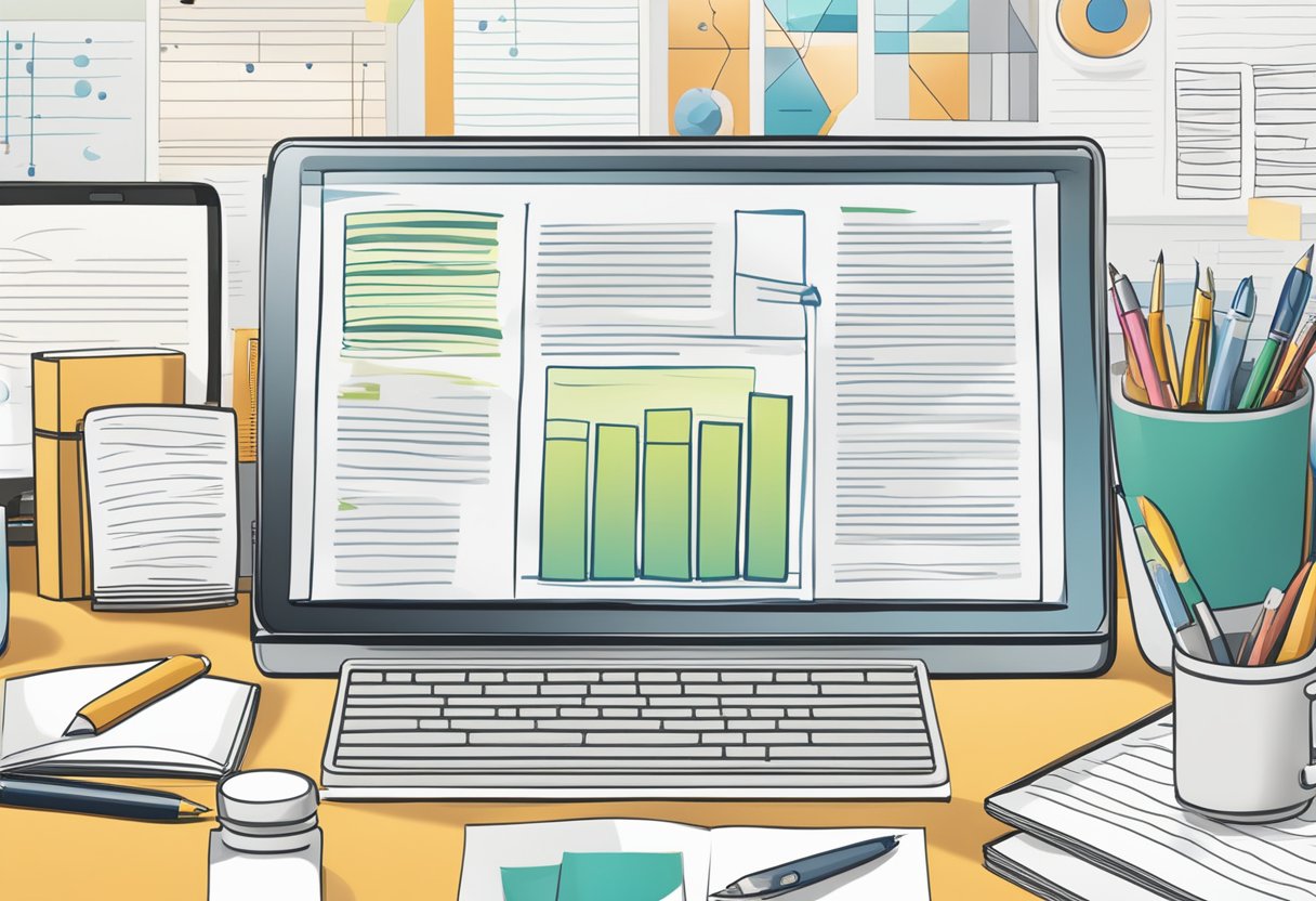 A computer screen displaying research articles and a notebook with writing utensils