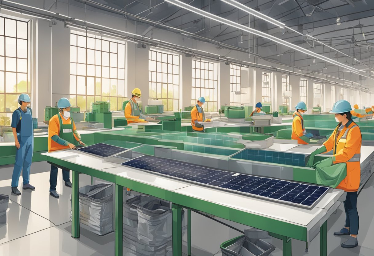 A clothing factory with solar panels, recycling bins, and workers using eco-friendly materials and techniques