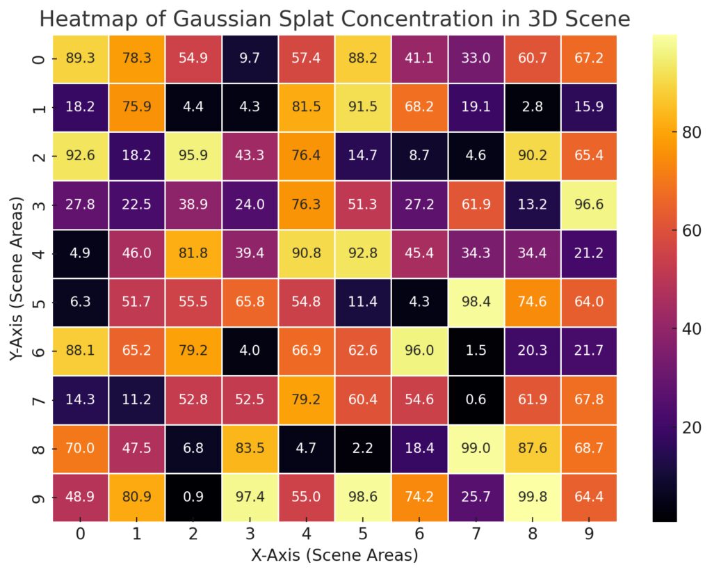 D scene where Gaussian splats are densely concentrated