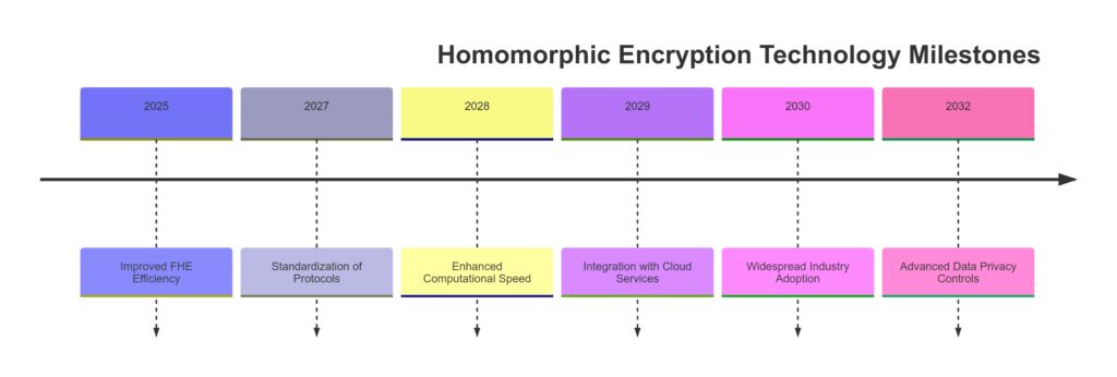 Projected milestones in the development and adoption of homomorphic encryption.