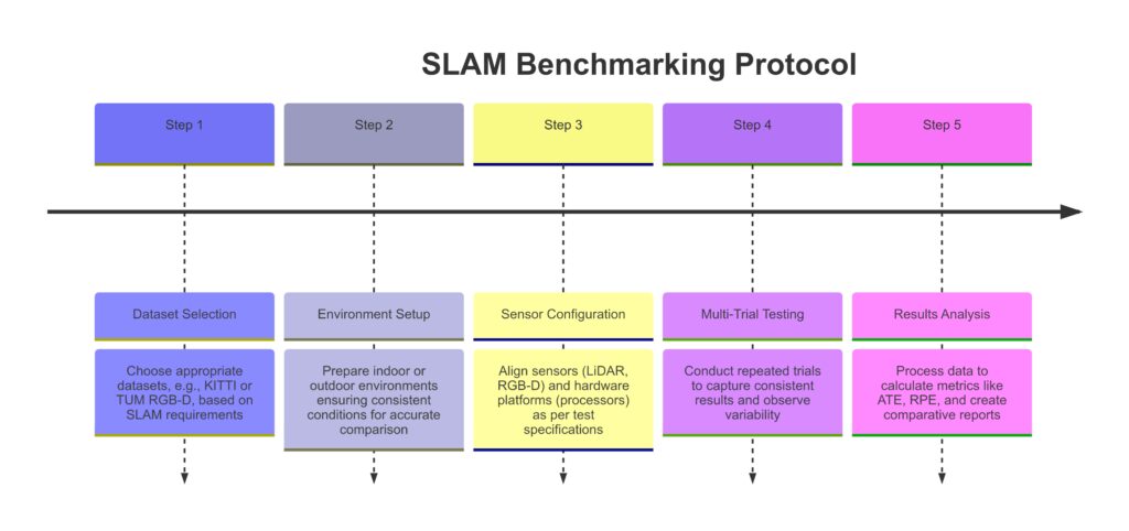 Timeline of steps in a recommended SLAM benchmarking protocol for consistent evaluation results.