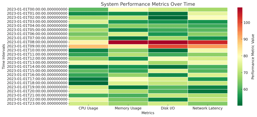 Heat map revealing anomalies in system performance metrics detected by machine learning models.