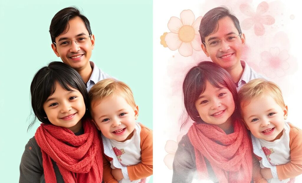 Family portrait transformed into watercolor art using AI tools