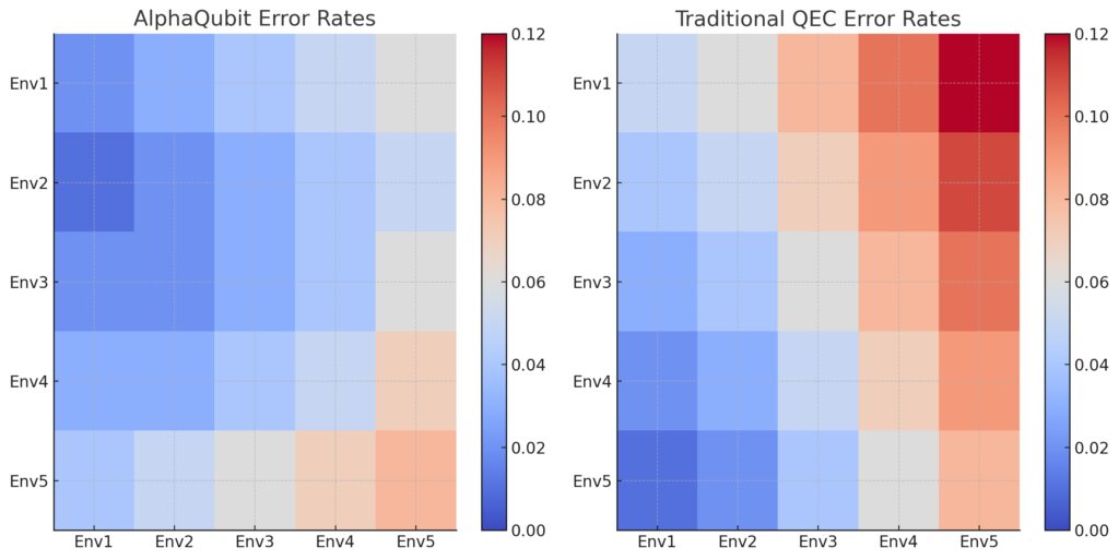 AlphaQubit excels in moderate noise environments, while traditional QEC methods remain reliable in extreme noise conditions.