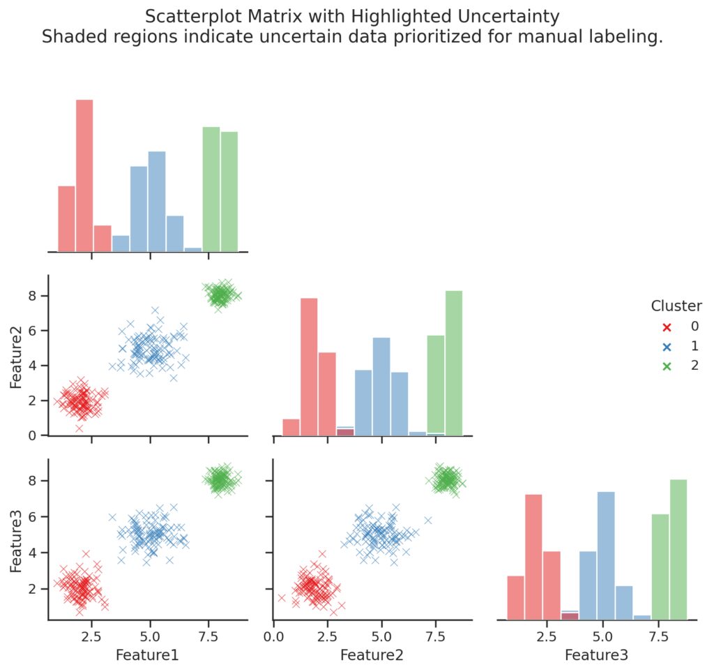 Visualizing how active learning targets ambiguous data for efficient labeling.