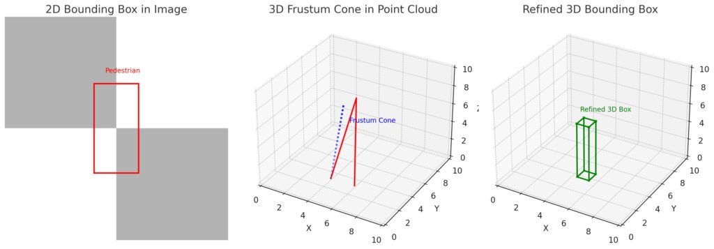 Frustum PointNets combining 2D image detection with point cloud data to localize objects in 3D space.