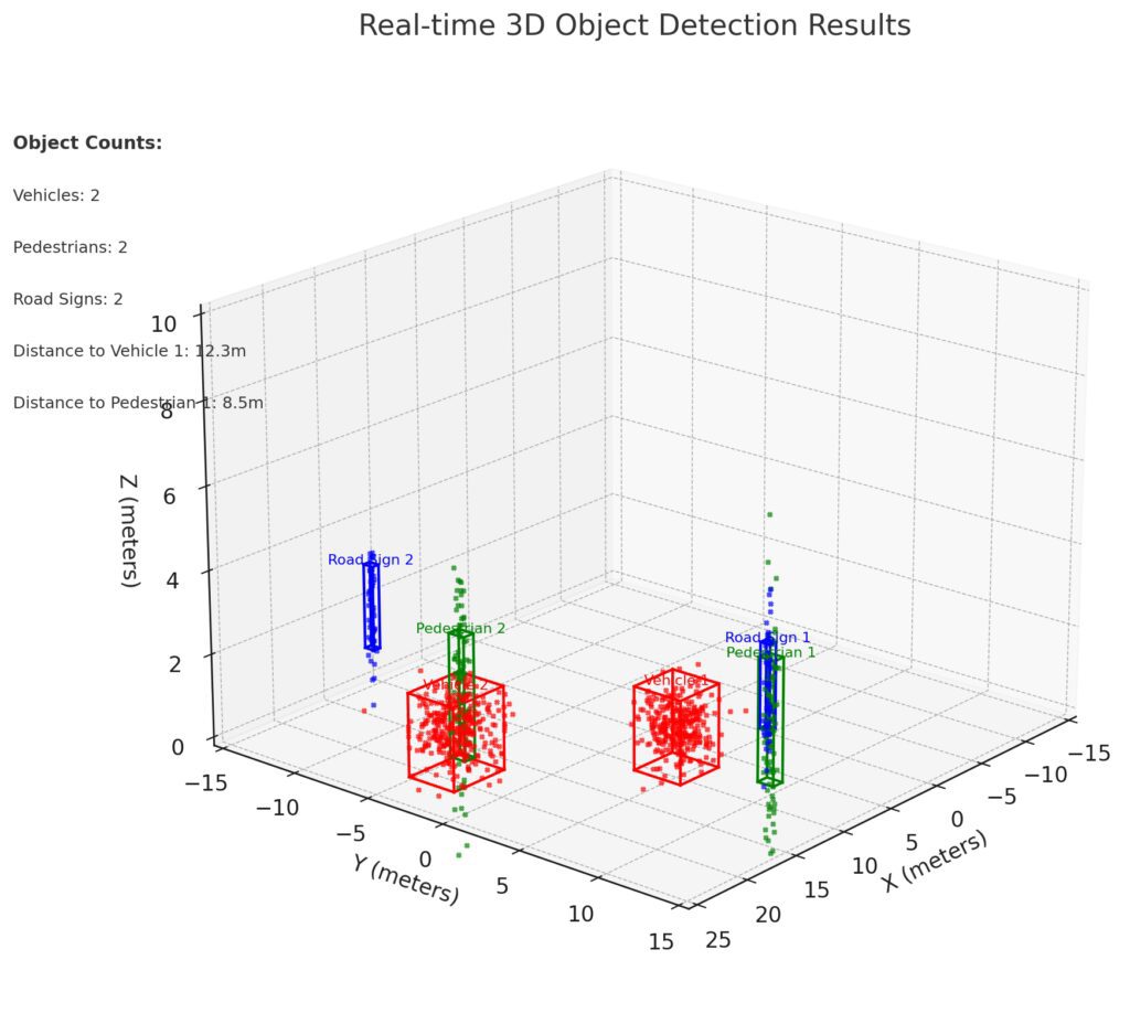 Real-time 3D object detection results visualized in an interactive dashboard for autonomous driving.