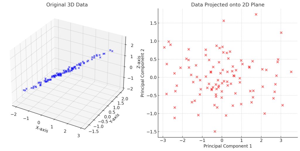 Visualizing the transformation of high-dimensional data into a 2D space using Principal Component Analysis.