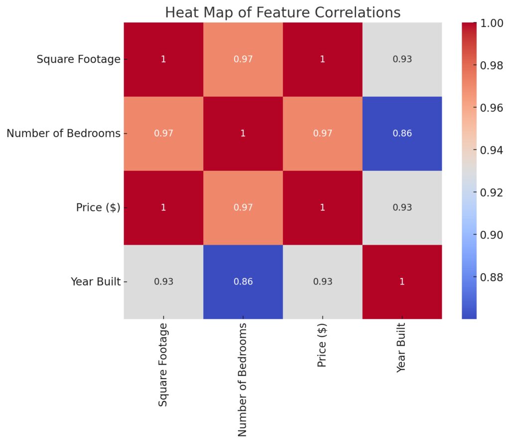 Correlation heat map illustrating relationships among housing features like price, square footage, and number of bedrooms.