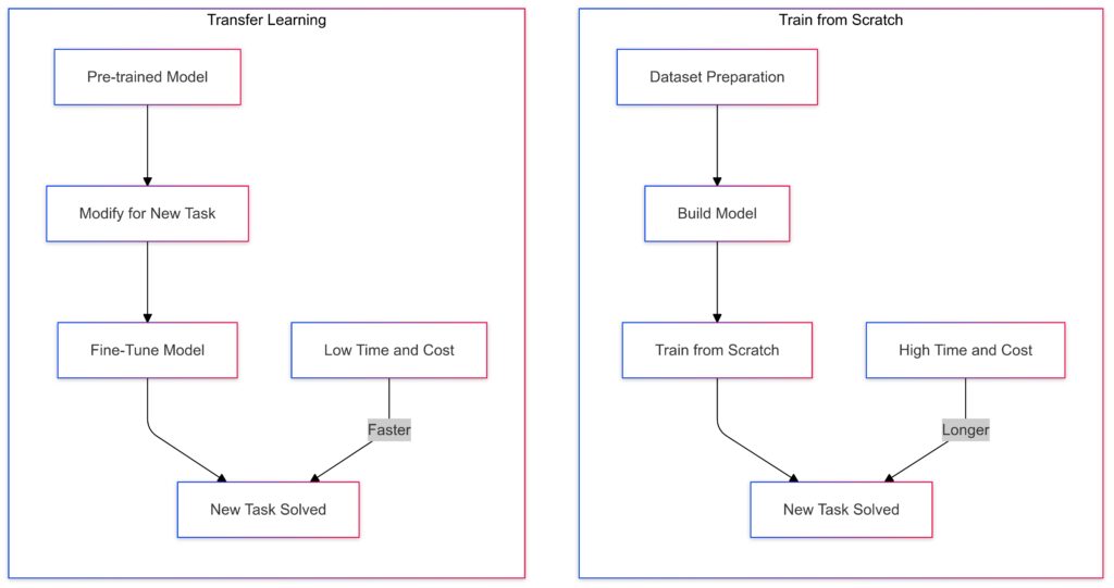 Comparison of training a CNN from scratch versus fine-tuning a pre-trained model for a specific task.