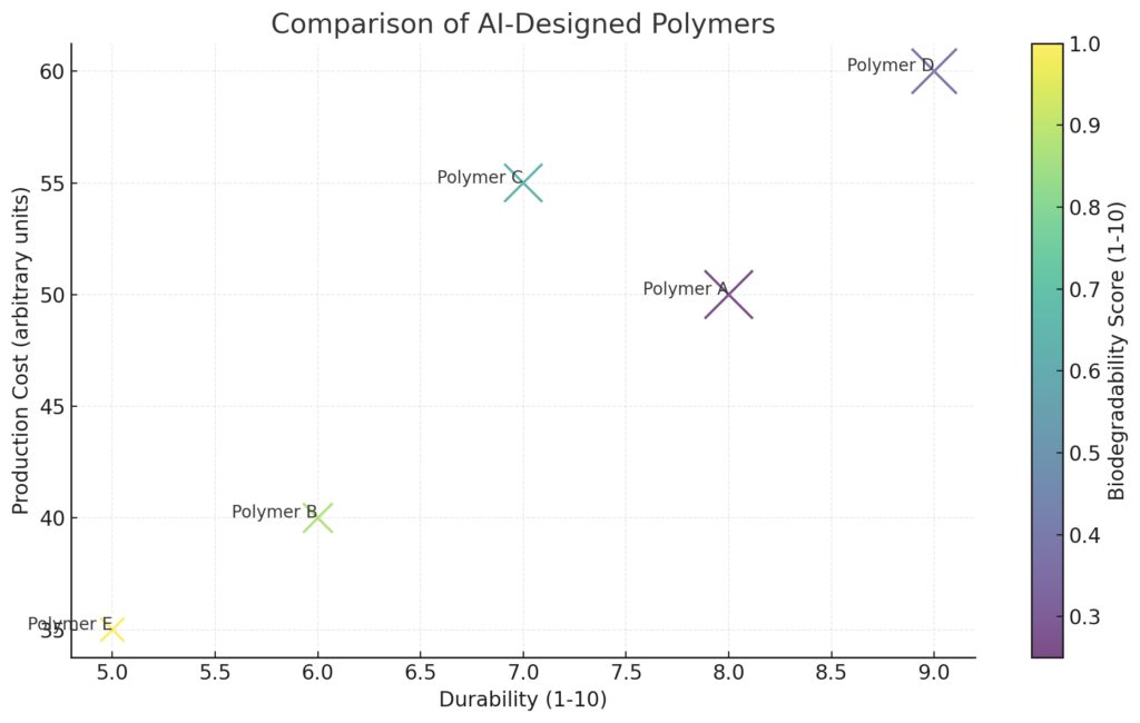 Properties of AI-generated sustainable polymers compared by durability, biodegradability, and environmental impact.