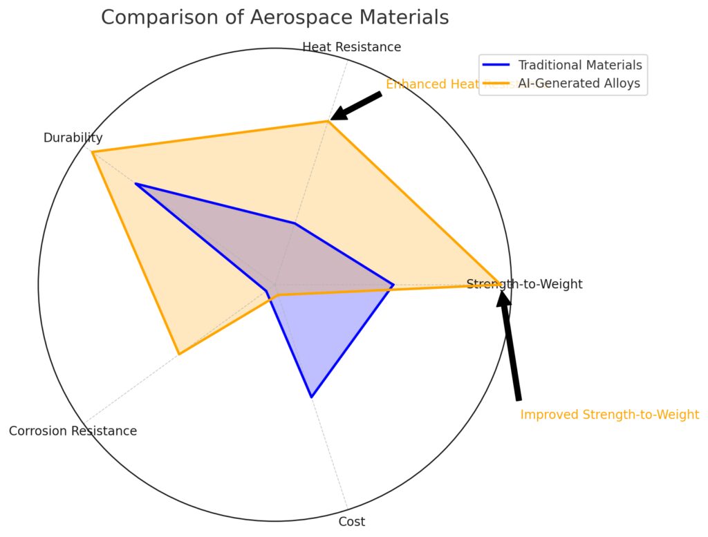 Comparative analysis of traditional versus AI-optimized aerospace materials in key performance metrics.