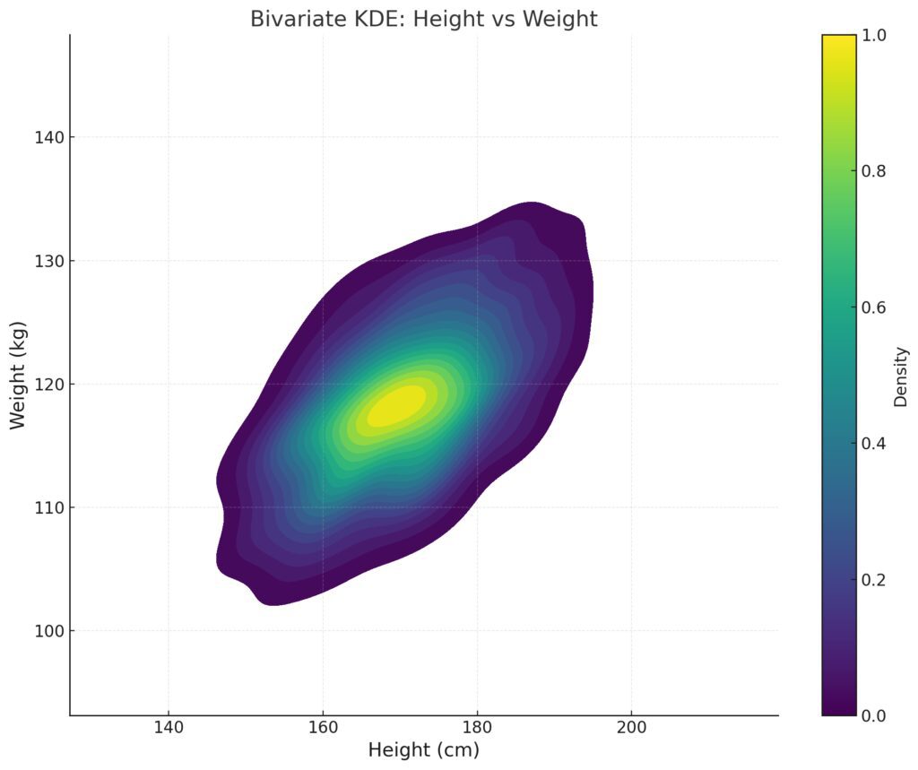 Contour map representing a bivariate KDE for height and weight distributions.