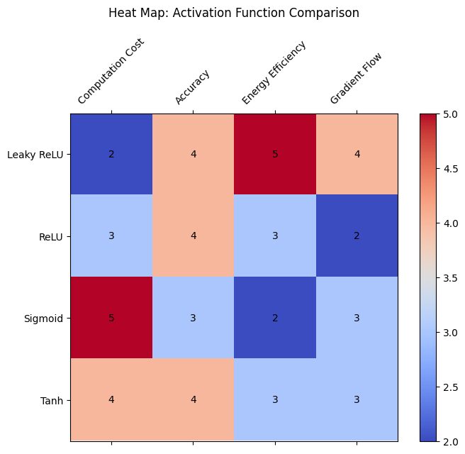 Heat map analysis of activation function performance across key parameters, showcasing Leaky ReLU's balanced efficiency.