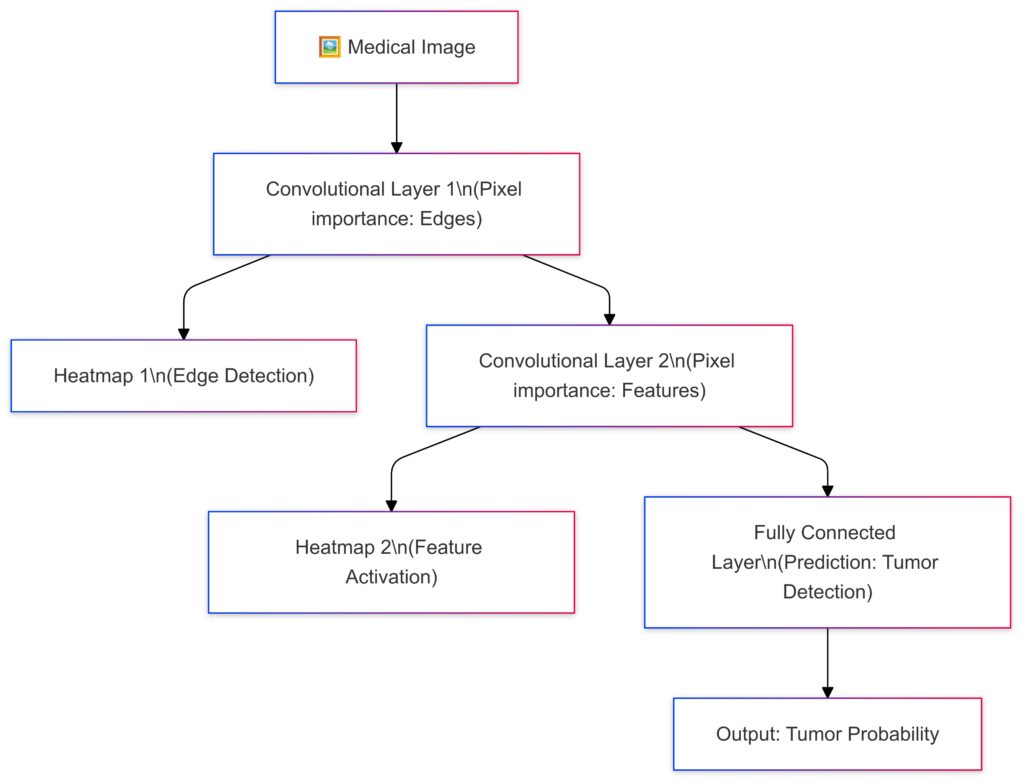 Neural network interpretation in medical imaging, highlighting regions critical for tumor classification.