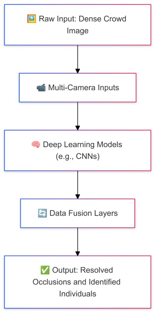 Step-by-step AI-driven workflow for resolving occlusion in crowded environments.