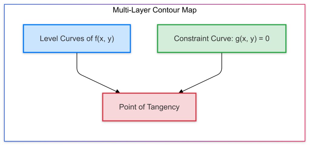 A contour diagram illustrating constrained optimization with a solution where the constraint tangentially intersects a level curve.